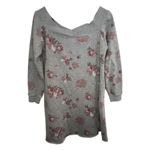Maurice's Grey Floral Pattern Boatneck 3/4 Sleeve Mini Sweater Dress